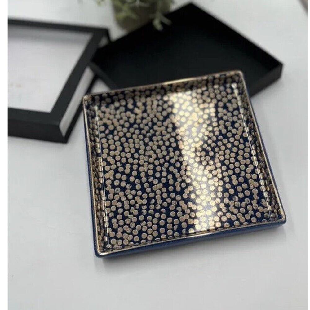 J. crew Jewelry Tray Plate Holder‎ Blue with Gold Polka Dots 6x6"